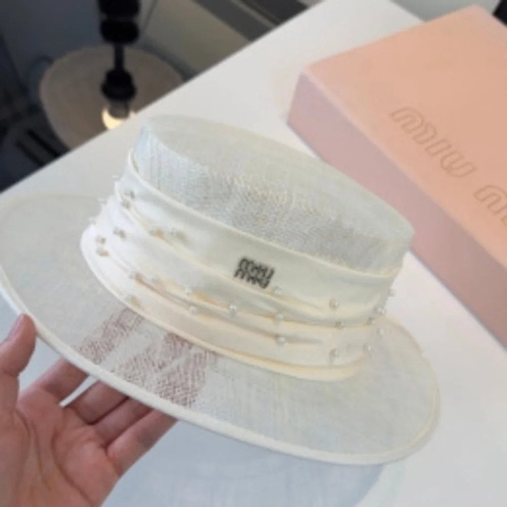 ♡ Miu Miu 𓂃 Pearl Decor Boater Hat ⋆ Crystal Logo